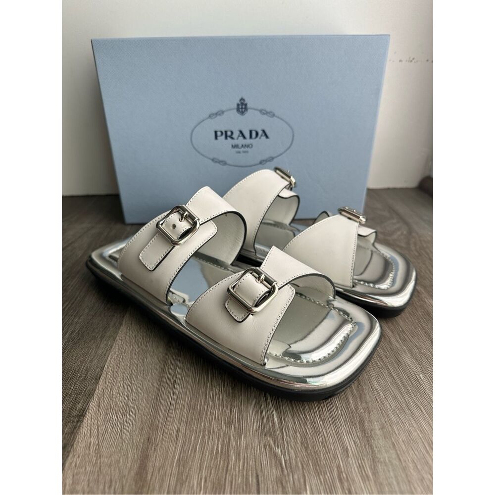 PRADA Natural 20mm Double Buckle Slide Sandal With Metallic Soles In Bianco US40 - Picture 4 of 11